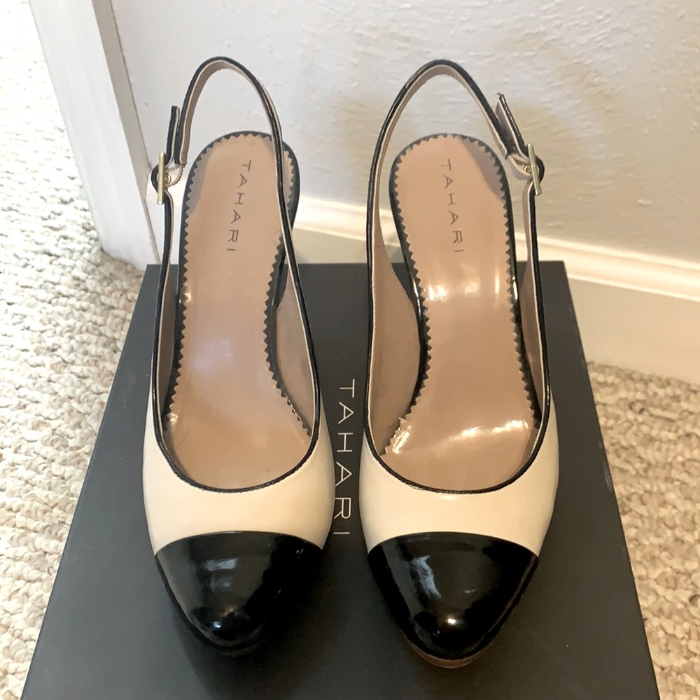 Tahari heels cream/ patent black sling backs
